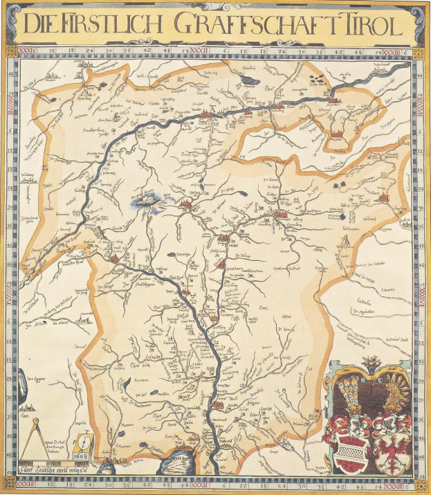 Ein detailliertes historisches Poster der ersten Grafschaft Tirol-Karte, das geografische Merkmale wie Flüsse, Berge und Städte sowie Texte und Bilder zeigt, die die Region und ihre Bewohner beschreiben.