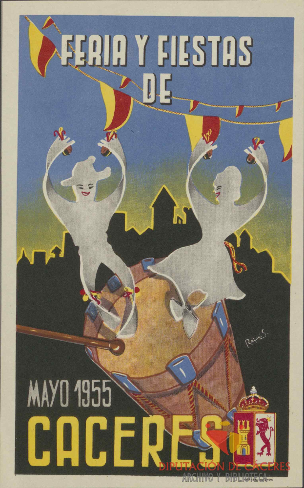 Ein buntes Plakat bewirbt das Faschingsfest "Feria y Fiestas de Caceres" in Caceres, Spanien, mit Menschen in traditioneller Kleidung, einem hellgelben Hintergrund und Veranstaltungseinzelheiten.