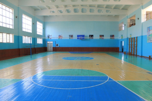 Große Turnhalle mit einem blauen und weißen Basketballfeld, einem Netz an Stangen, einer Tür, Fenstern, Wandplakaten, einem Geländer und einem Dach.